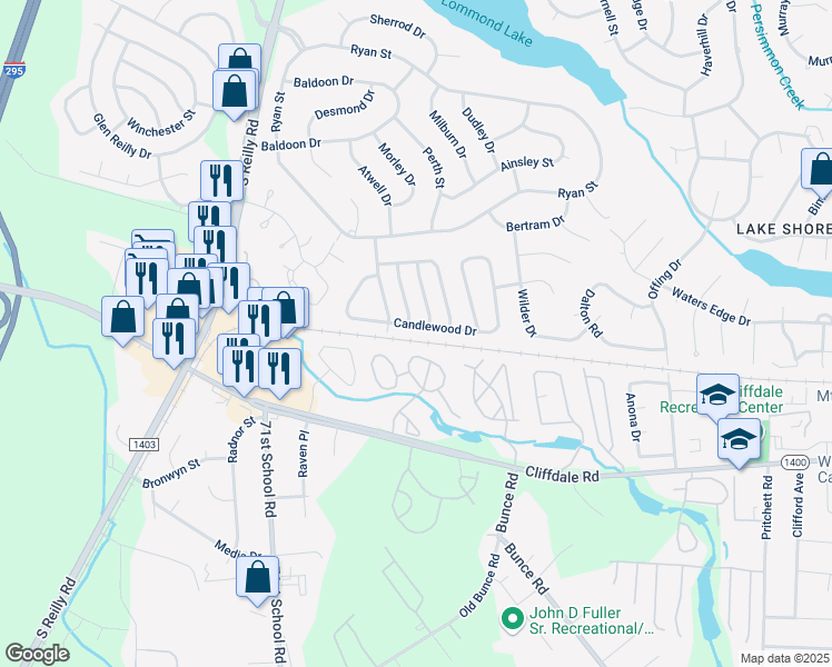 map of restaurants, bars, coffee shops, grocery stores, and more near 6977 Candlewood Drive in Fayetteville
