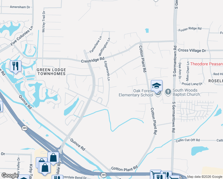 map of restaurants, bars, coffee shops, grocery stores, and more near 3156 Edgeworth Lane in Memphis
