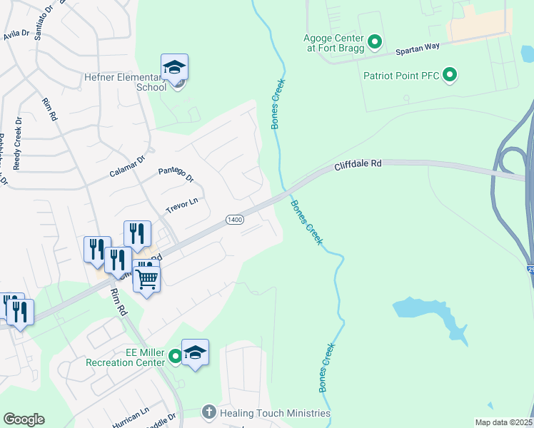 map of restaurants, bars, coffee shops, grocery stores, and more near 1014 Winward Cove in Fayetteville