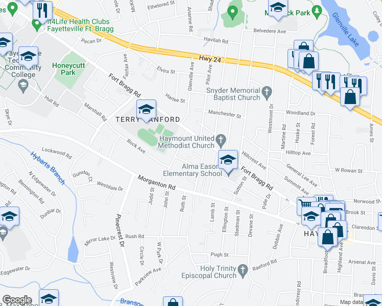 map of restaurants, bars, coffee shops, grocery stores, and more near 1909 White Street in Fayetteville