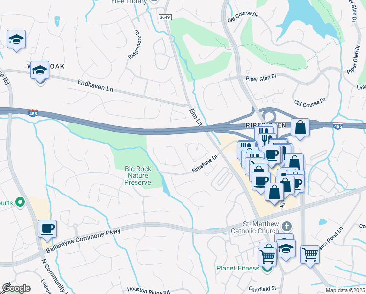 map of restaurants, bars, coffee shops, grocery stores, and more near 6223 Rosebriar Lane in Charlotte