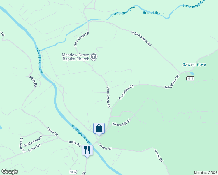 map of restaurants, bars, coffee shops, grocery stores, and more near 2 Monkus Road in Hayesville