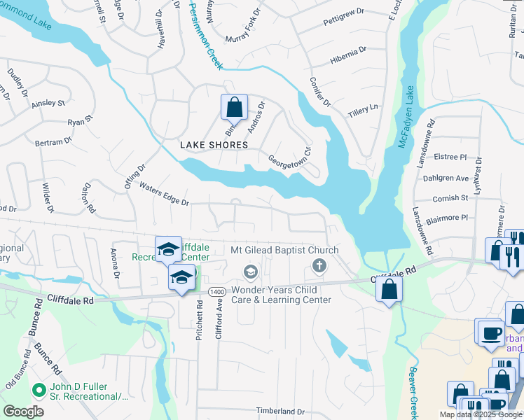 map of restaurants, bars, coffee shops, grocery stores, and more near 5805 Waters Edge Drive in Fayetteville