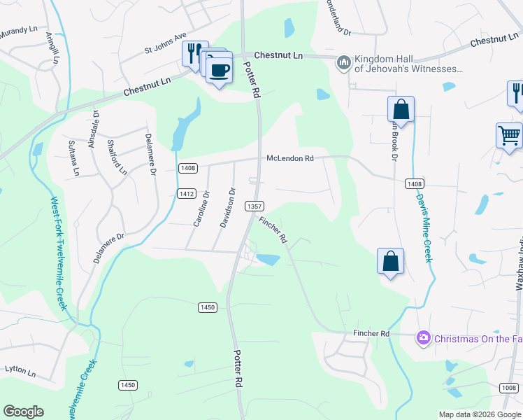 map of restaurants, bars, coffee shops, grocery stores, and more near 6031 Potter Road in Matthews