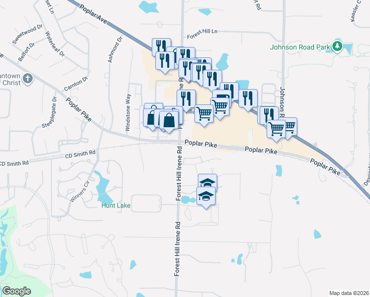 map of restaurants, bars, coffee shops, grocery stores, and more near 9129 Poplar Pike in Germantown