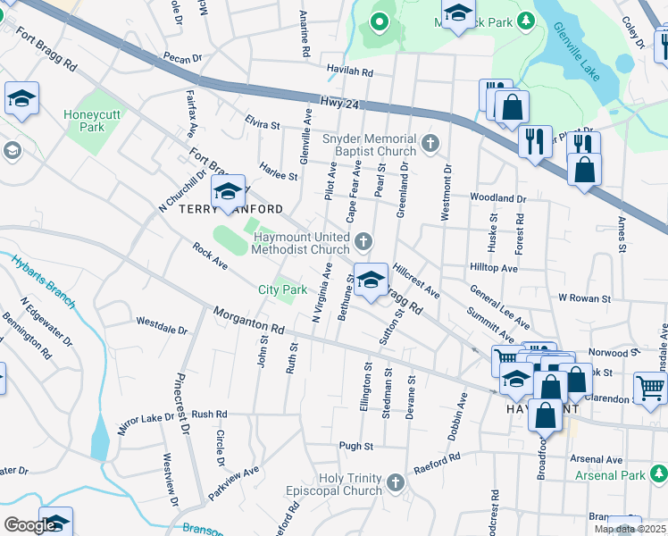 map of restaurants, bars, coffee shops, grocery stores, and more near 216 North Virginia Avenue in Fayetteville