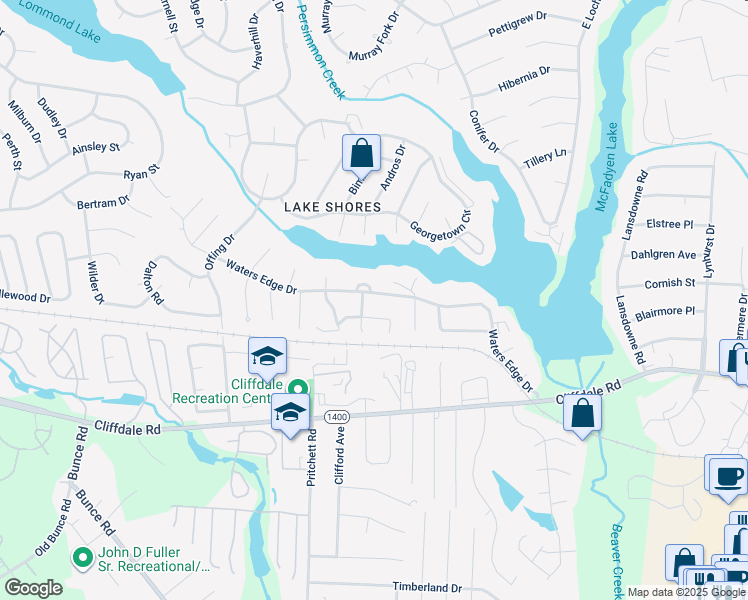 map of restaurants, bars, coffee shops, grocery stores, and more near 5813 Waters Edge Drive in Fayetteville