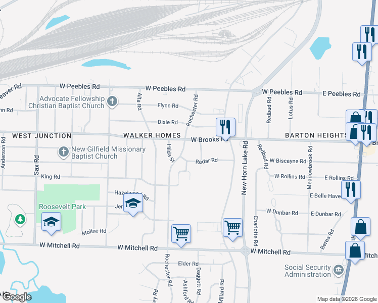 map of restaurants, bars, coffee shops, grocery stores, and more near 3160 Rochester Road in Memphis
