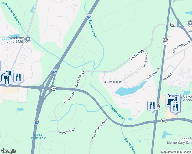 map of restaurants, bars, coffee shops, grocery stores, and more near 561 Forest Way Drive in Fort Mill
