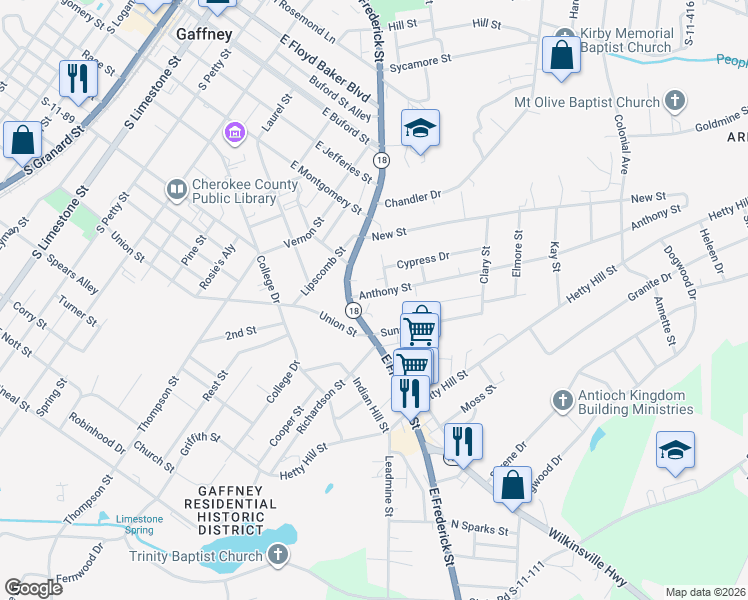 map of restaurants, bars, coffee shops, grocery stores, and more near 120 Anthony Street in Gaffney