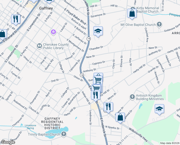 map of restaurants, bars, coffee shops, grocery stores, and more near 120 Anthony Street in Gaffney