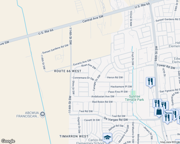 map of restaurants, bars, coffee shops, grocery stores, and more near 724 110th Street Southwest in Albuquerque