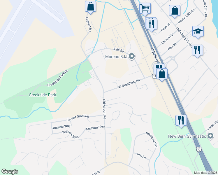 map of restaurants, bars, coffee shops, grocery stores, and more near 1886-1898 Old Airport Road in New Bern