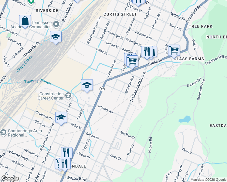 map of restaurants, bars, coffee shops, grocery stores, and more near 2106 Taylor Street in Chattanooga