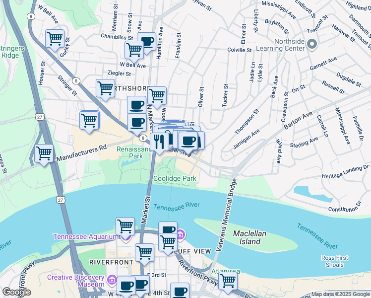 map of restaurants, bars, coffee shops, grocery stores, and more near 120 Forest Avenue in Chattanooga