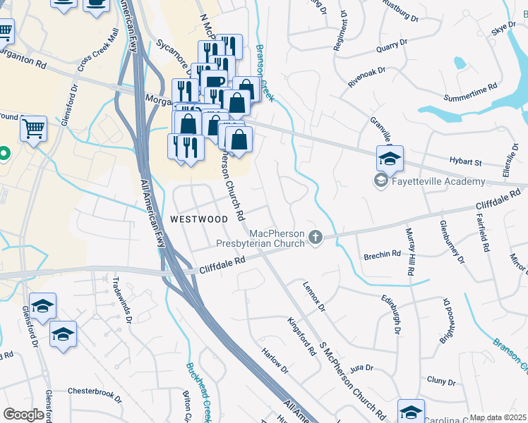 map of restaurants, bars, coffee shops, grocery stores, and more near 314 Kirkwood Drive in Fayetteville