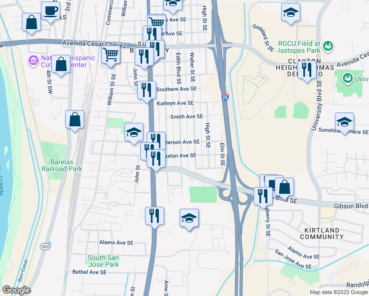 map of restaurants, bars, coffee shops, grocery stores, and more near 2008 Edith Boulevard Southeast in Albuquerque