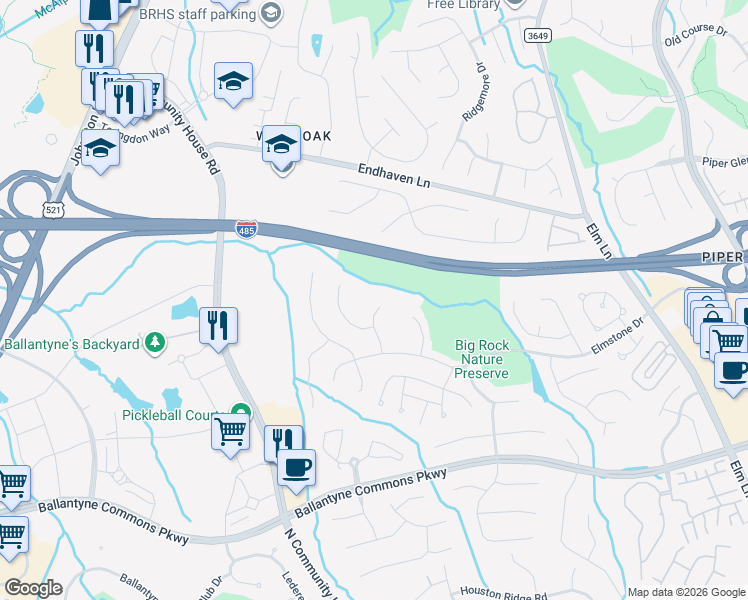 map of restaurants, bars, coffee shops, grocery stores, and more near 10704 Whitfield Ridge Dr in Charlotte