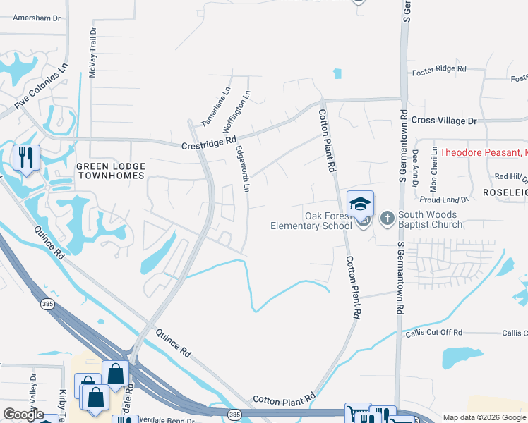 map of restaurants, bars, coffee shops, grocery stores, and more near 3156 Edgeworth Lane in Memphis