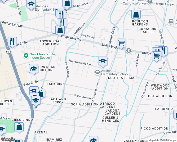 map of restaurants, bars, coffee shops, grocery stores, and more near 1210 Pierre Drive Southwest in Albuquerque