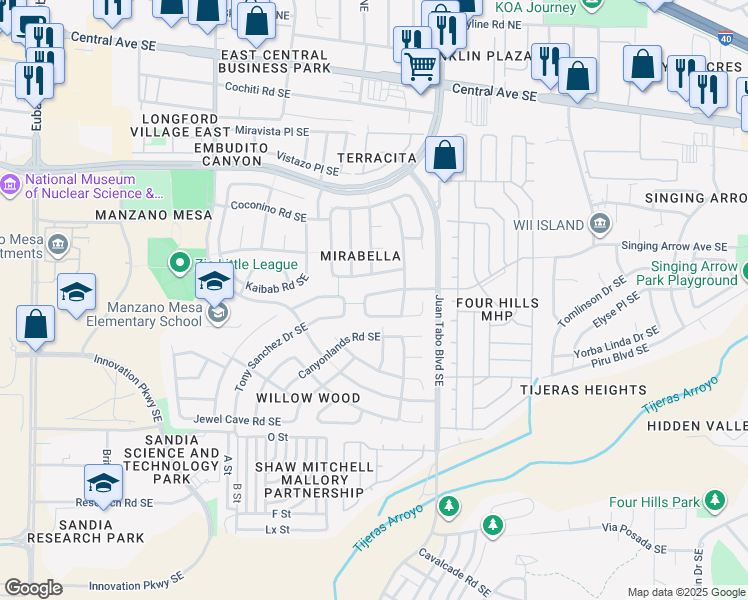 map of restaurants, bars, coffee shops, grocery stores, and more near 11504 Singing Arrow Avenue Southeast in Albuquerque