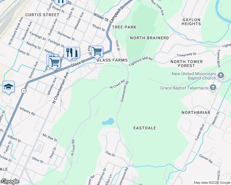 map of restaurants, bars, coffee shops, grocery stores, and more near 2418 Woolson Road in Chattanooga