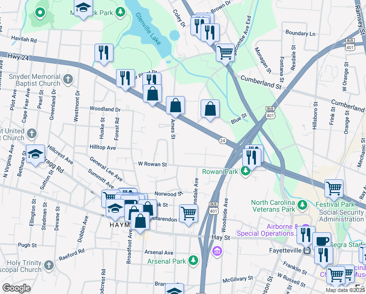 map of restaurants, bars, coffee shops, grocery stores, and more near 941 Bragg Boulevard in Fayetteville