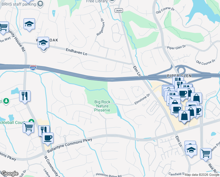 map of restaurants, bars, coffee shops, grocery stores, and more near 6447 High Creek Court in Charlotte