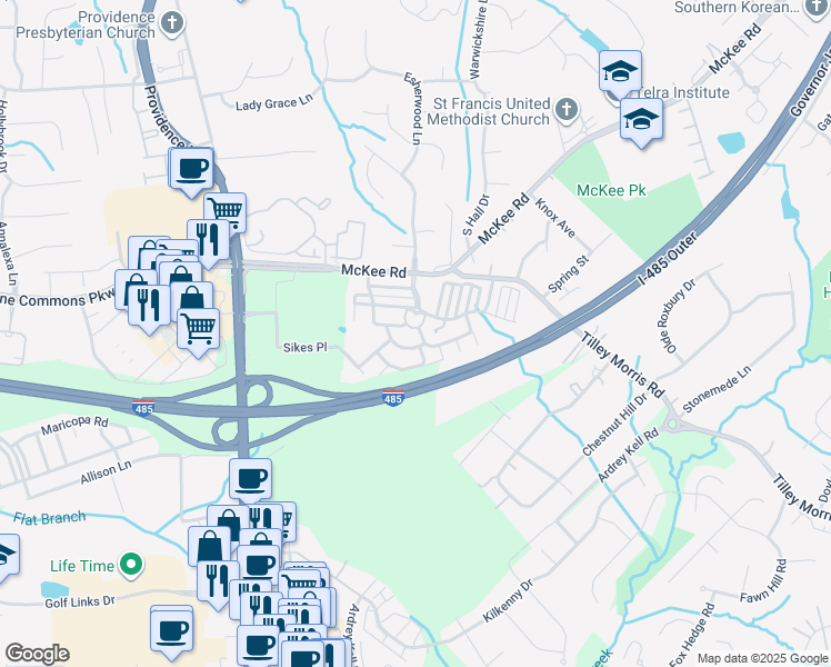 map of restaurants, bars, coffee shops, grocery stores, and more near 10605 Fuller Ridge Circle in Charlotte