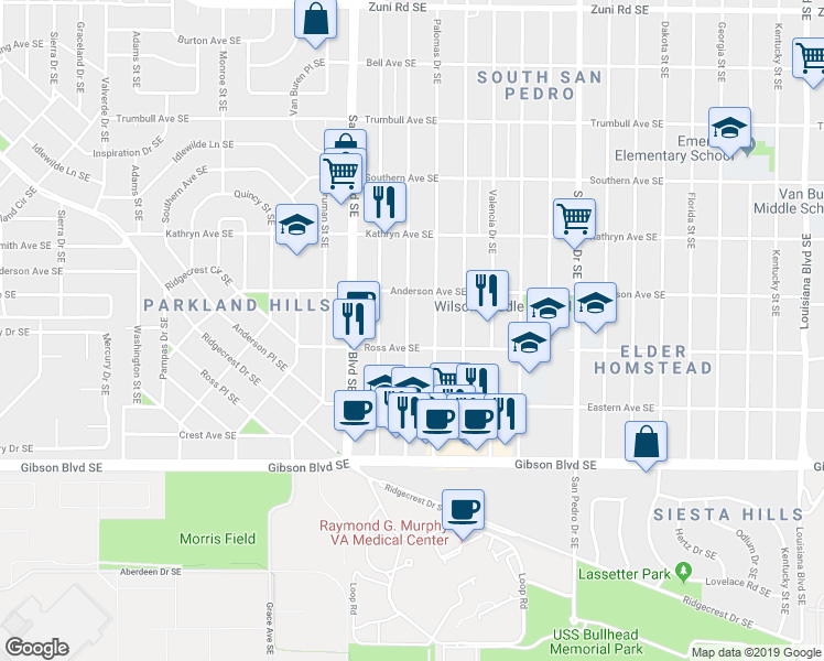 map of restaurants, bars, coffee shops, grocery stores, and more near 1130 Madeira Drive Southeast in Albuquerque
