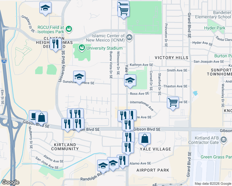 map of restaurants, bars, coffee shops, grocery stores, and more near 1720 Wilmoore Drive Southeast in Albuquerque