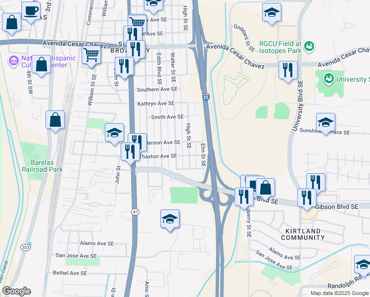 map of restaurants, bars, coffee shops, grocery stores, and more near 2007 High Street Southeast in Albuquerque