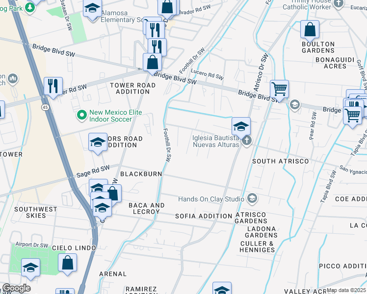 map of restaurants, bars, coffee shops, grocery stores, and more near 1233 Juanita Drive Southwest in Albuquerque