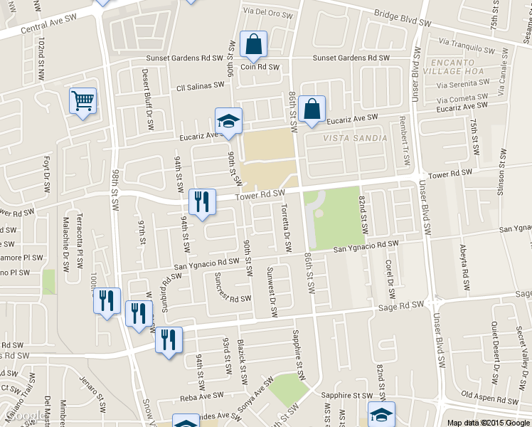 map of restaurants, bars, coffee shops, grocery stores, and more near 8805 Tenemaha Avenue Southwest in Albuquerque