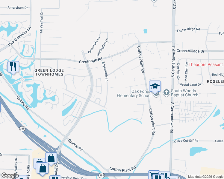map of restaurants, bars, coffee shops, grocery stores, and more near 3156 Edgeworth Lane in Memphis