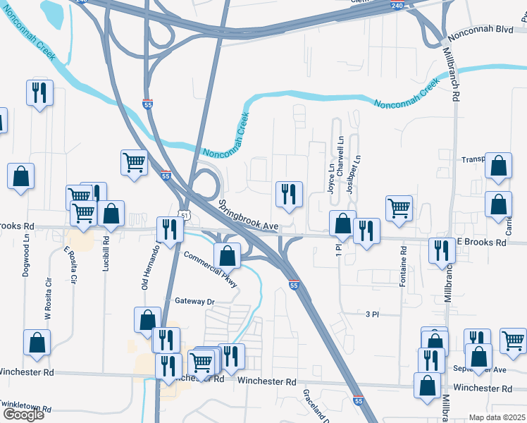 map of restaurants, bars, coffee shops, grocery stores, and more near 1400 Springbrook Avenue in Memphis