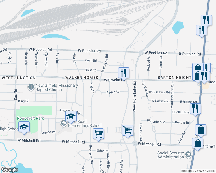 map of restaurants, bars, coffee shops, grocery stores, and more near 3160 Rochester Road in Memphis