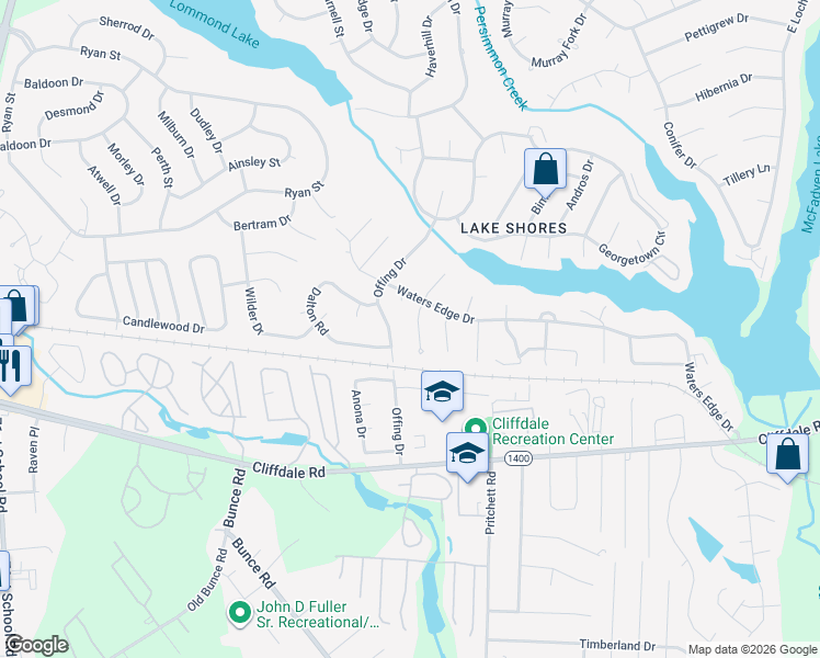map of restaurants, bars, coffee shops, grocery stores, and more near 410 Watergap Drive in Fayetteville