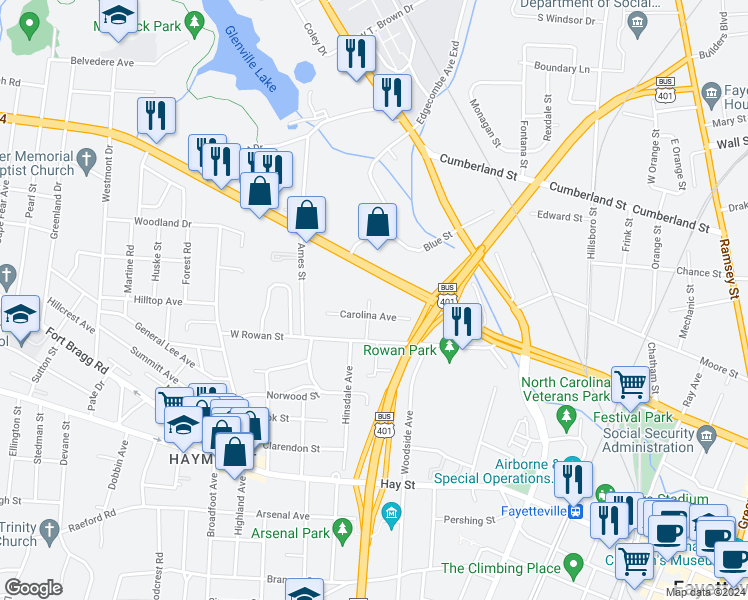 map of restaurants, bars, coffee shops, grocery stores, and more near 506 Monticello Avenue in Fayetteville