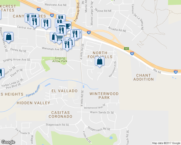 map of restaurants, bars, coffee shops, grocery stores, and more near 430 Pinon Creek Road Southeast in Albuquerque