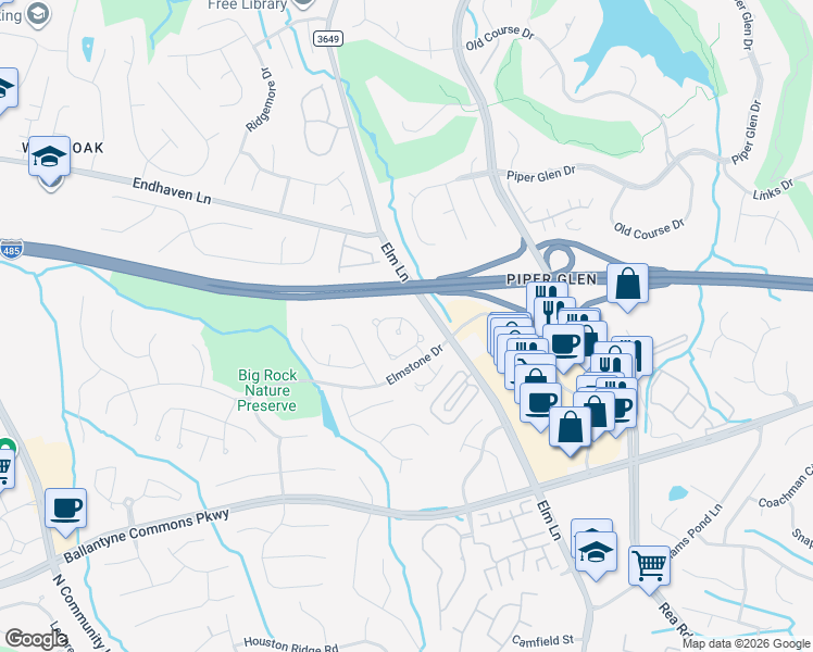 map of restaurants, bars, coffee shops, grocery stores, and more near 6400 Rosebriar Lane in Charlotte