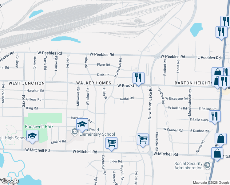 map of restaurants, bars, coffee shops, grocery stores, and more near 3160 Rochester Road in Memphis