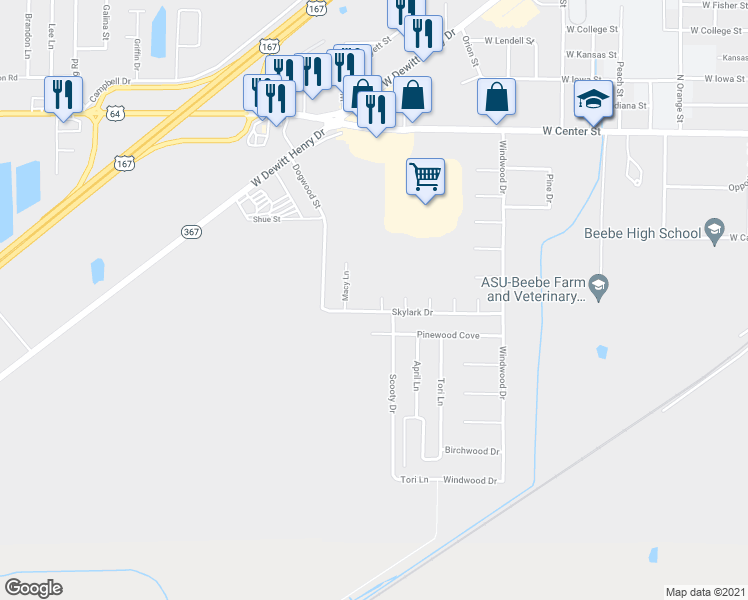 map of restaurants, bars, coffee shops, grocery stores, and more near 607 Sherry Drive in Beebe