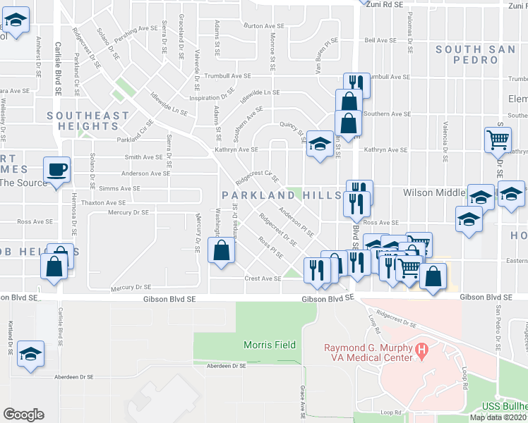 map of restaurants, bars, coffee shops, grocery stores, and more near 1704 Ridgecrest Drive Southeast in Albuquerque