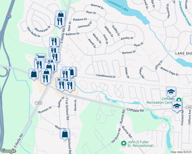 map of restaurants, bars, coffee shops, grocery stores, and more near 6997 Candlewood Drive in Fayetteville