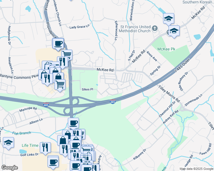 map of restaurants, bars, coffee shops, grocery stores, and more near 11112 Saintsbury Place in Charlotte
