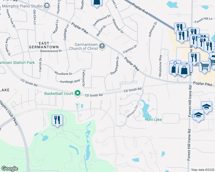 map of restaurants, bars, coffee shops, grocery stores, and more near 3158 Steeplegate Dr in Germantown