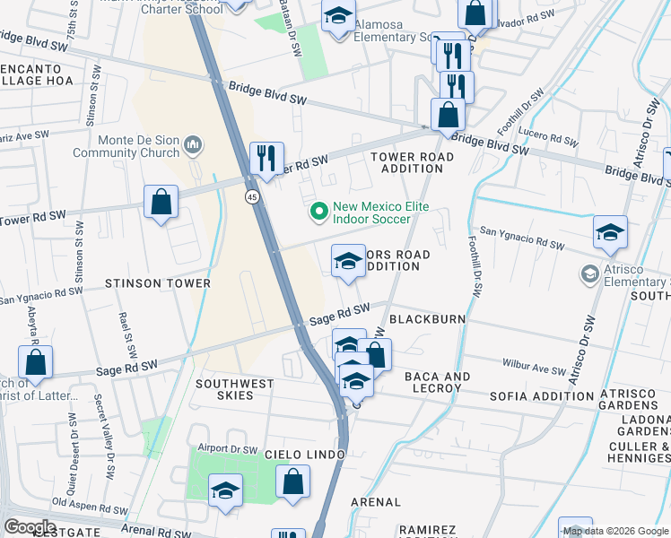 map of restaurants, bars, coffee shops, grocery stores, and more near 3324 San Ygnacio Road Southwest in Albuquerque