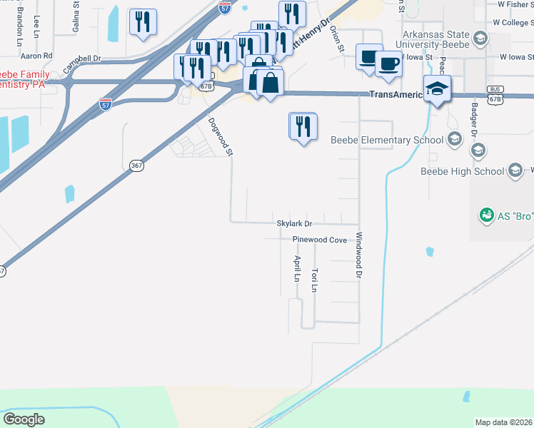 map of restaurants, bars, coffee shops, grocery stores, and more near 607 Sherry Drive in Beebe