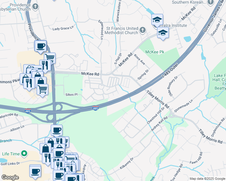 map of restaurants, bars, coffee shops, grocery stores, and more near 10450 Columbia Crest Court in Charlotte